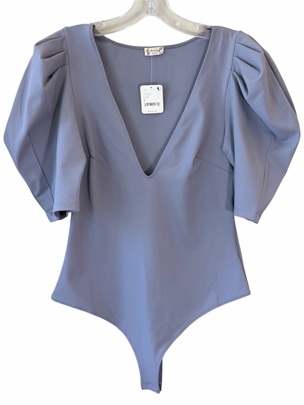 Intimately Free People Bodysuit Med Va Va Voom V-Neck Short Puff Sleeve Top Blue